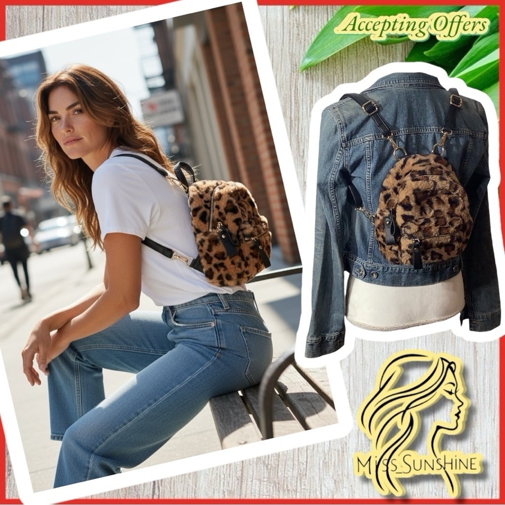 Faux Fur leopard animal print small backpack -  fun playful - faux leather strap